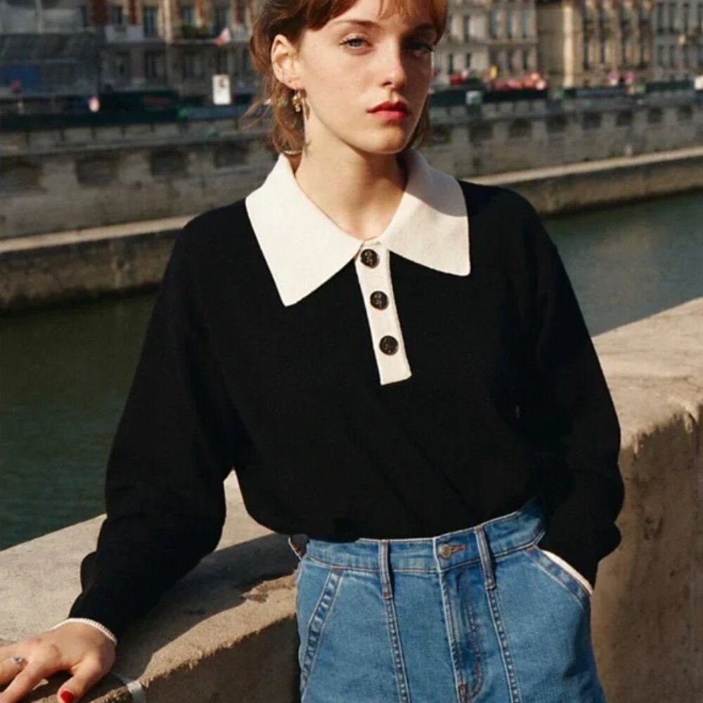 Simple Retro Polo Contrast Collar 100% Wool Black Knit Sweater